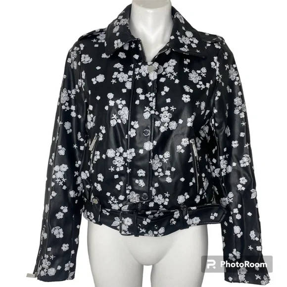 Michael Michael Kors Moto Jacket M Black White Flowers Floral Faux Leather - Picture 1 of 10